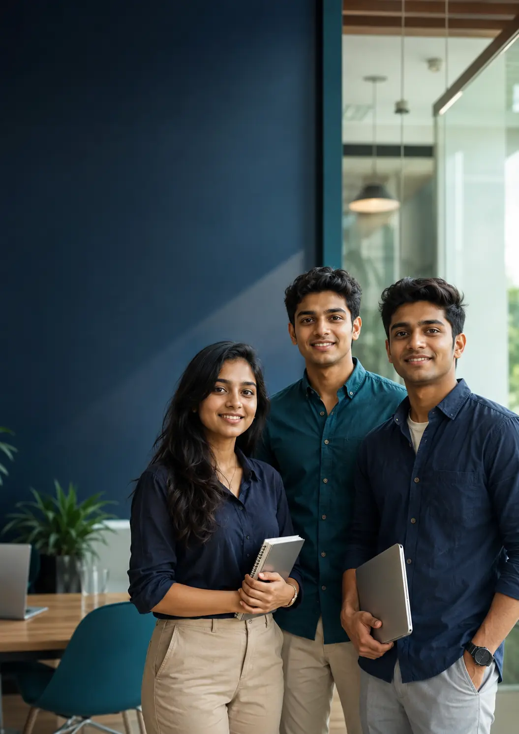 Three confident young Indian professionals in a modern workplace