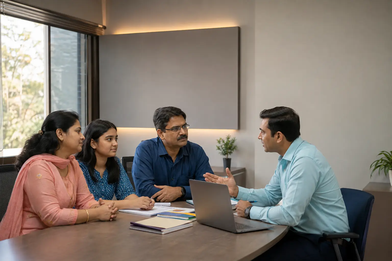 An Indian parent and student discussing career choices with a counsellor
